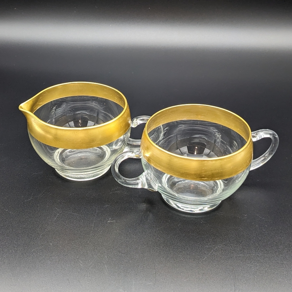 Vintage MCM Glass Sugar & Creamer w/Dorothy Thorpe Gold Band